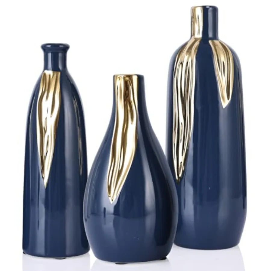 Ceramic Vase 3 Pcs Set, White and Silver Vases for Home Decor, Decorative Vases for Mantels, Shelves and Entryway Decor, Dining