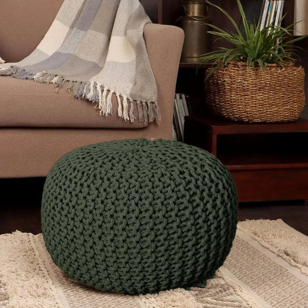 Hand Knitted Round Ottoman - Bean Bag Pouf - Set of 2, Olive