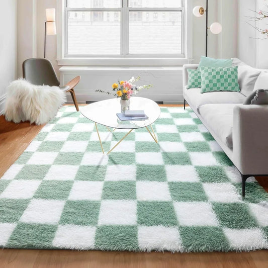 5x8 Green and White, Fluffy Furry Shaggy Fuzzy Checkered