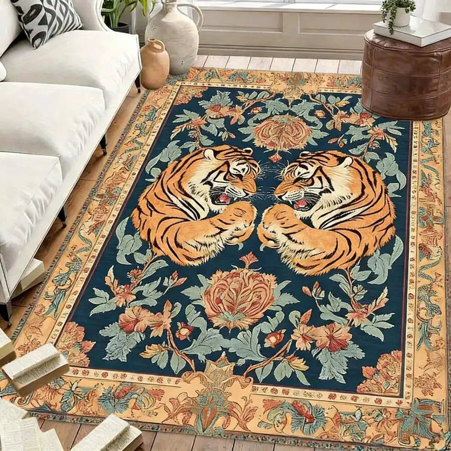 Pink Tiger Floral Pattern Flannel Rug, 2D Digital Print, Non-Slip