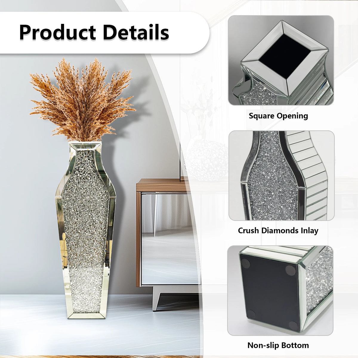 Tall Flower Vase Crushed Diamond Mirrored Floor Home Deco Vase