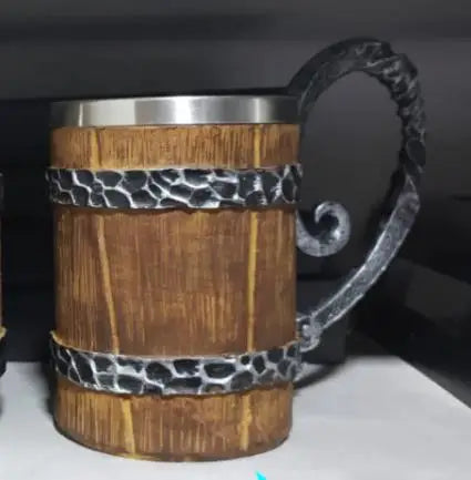 Viking Wood Style Beer Mug - Wooden Barrel Beer Cup Double Wall