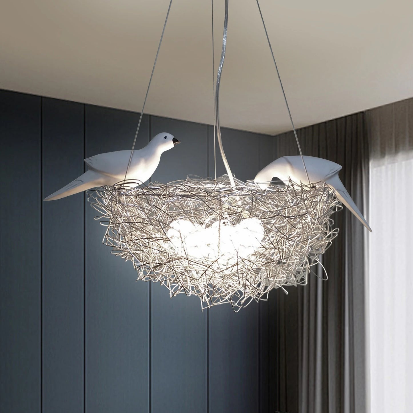 5 Light Woven Nest Chandelier Lamp with Bird