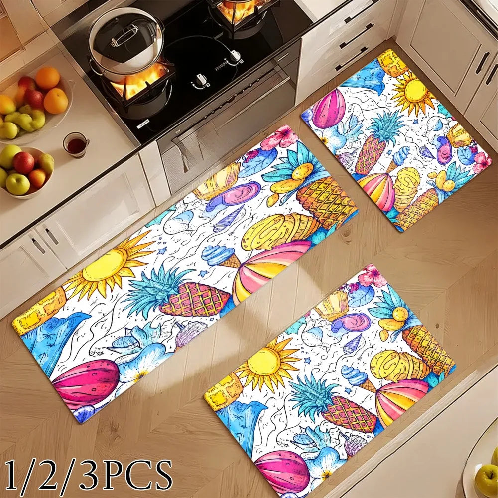 3PCS Kitchen Rugs Sun Pineapple Coconut Palm Tree Flower Watermelon Banana
