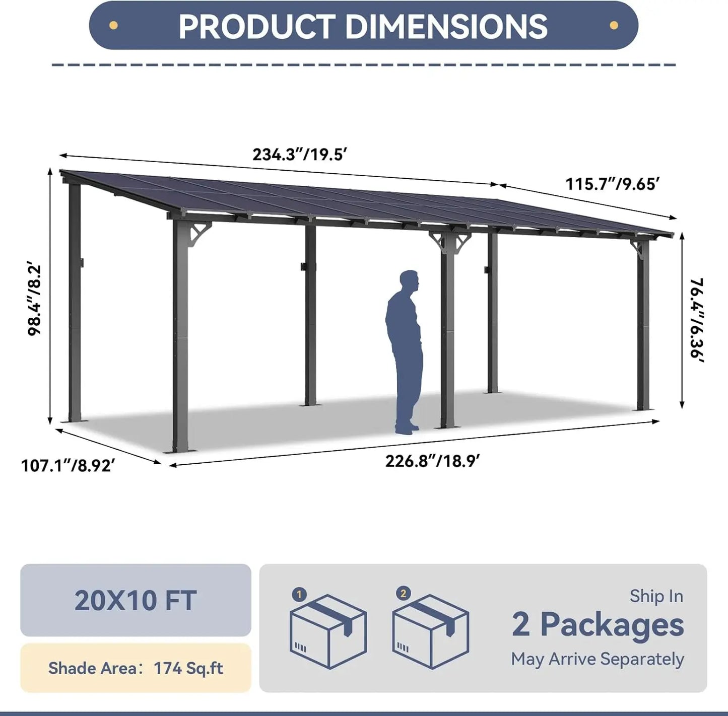 10x20FT Lean To Gazebo, Hardtop Metal Pergola