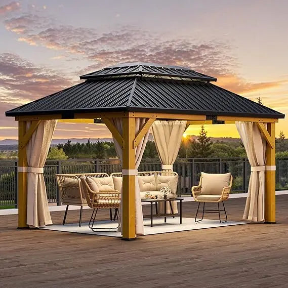 Gazebo 12x18ft Hardtop Heavy Duty Double Roof Outdoor Upgraded Galvanized w/Nettings Curtains Steel Combined of Horizontal Vert