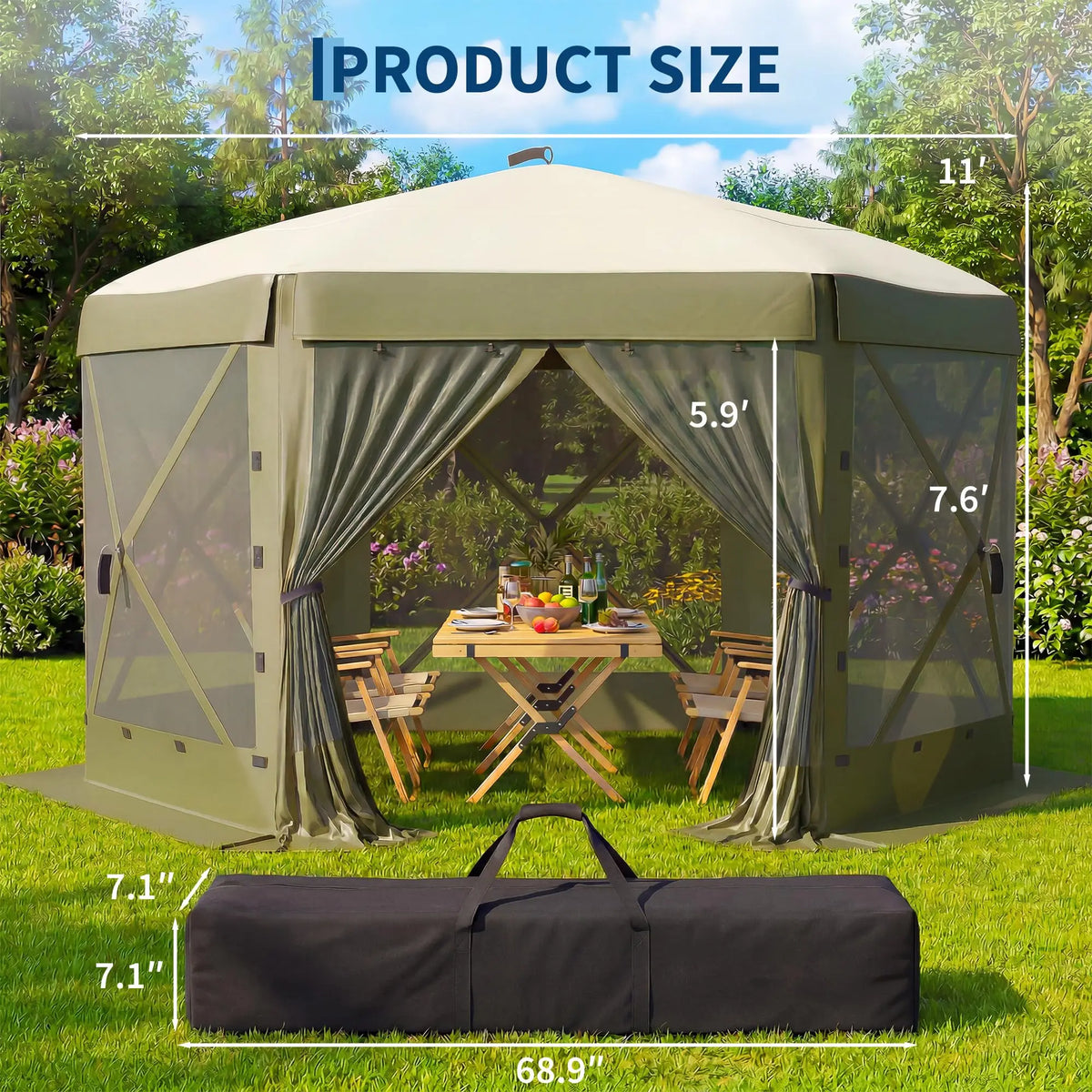 11x11FT Pop Up Gazebo Screen Tent, 6-Sided