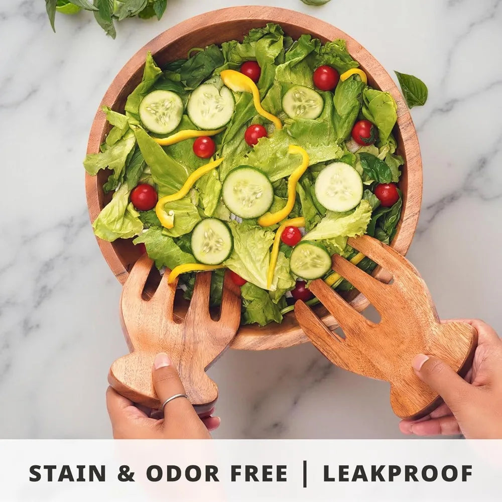 Large Acacia Wood Salad Bowl Set - Utensils and Placemat