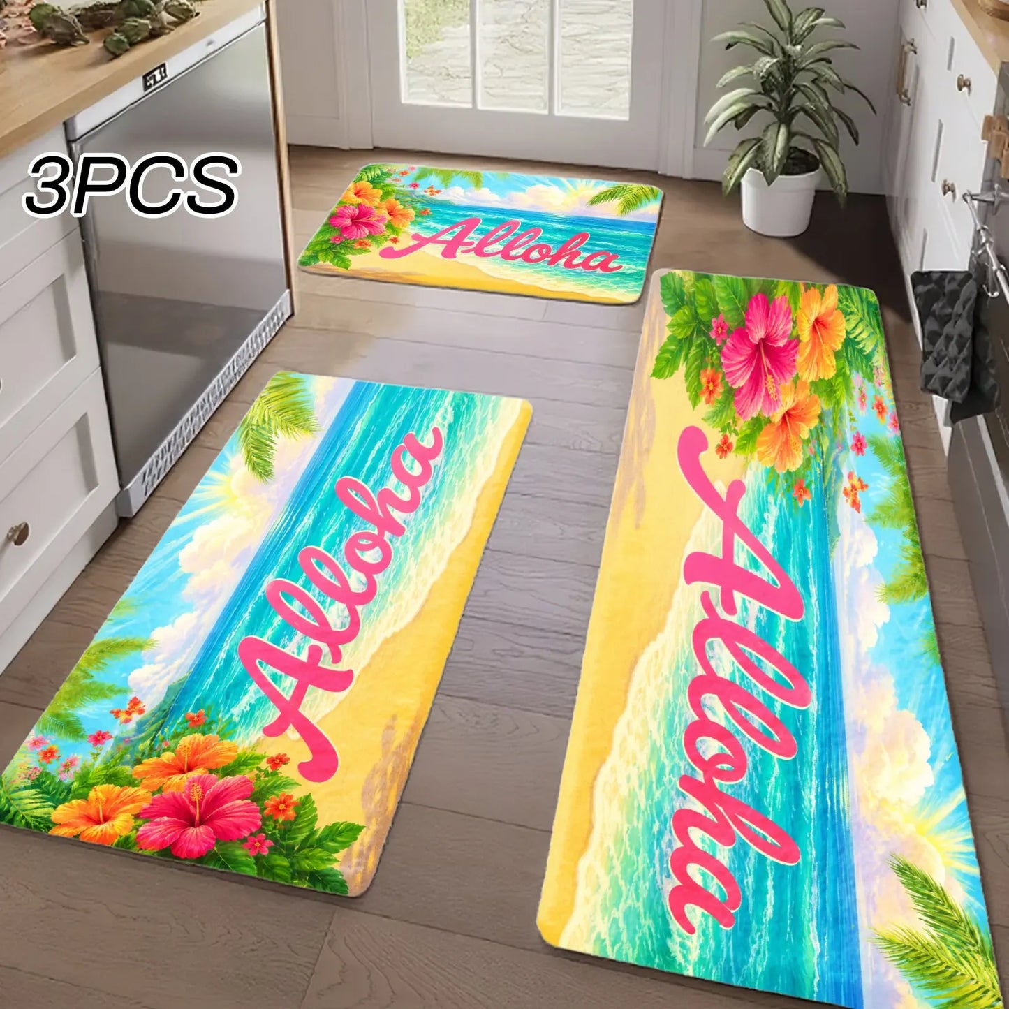 3PCS Rugs, Aloha Beach Palm Flowers Sky Ocean Sun Dining Mat