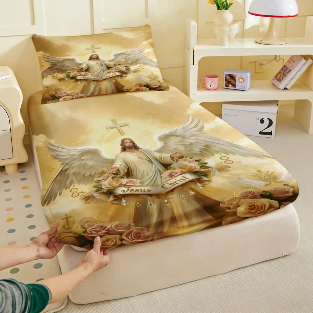 1pc Angelic Jesus Christ Print Fitted Sheet Deep Pocket Elastic Mattress Cover