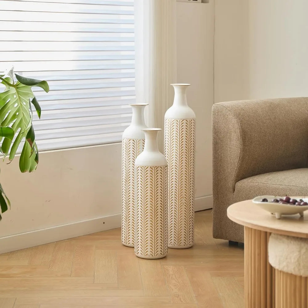 Set of 3 Metal Tall Vases, Large Gold Decorative Vases for Dried Flowers, Modern Living Room Home Decor