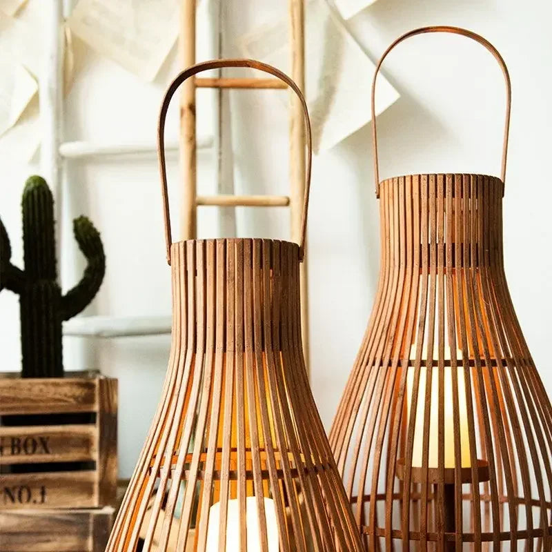 Vintage Wood Floor Candlestick Natural Bamboo Lantern