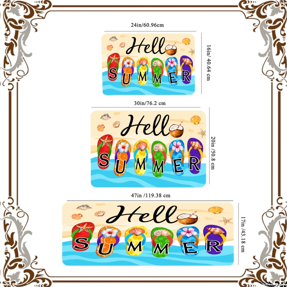 3PCS Kitchen Rugs Hello Summer Colorful Flip Flops Pattern Dining Mat