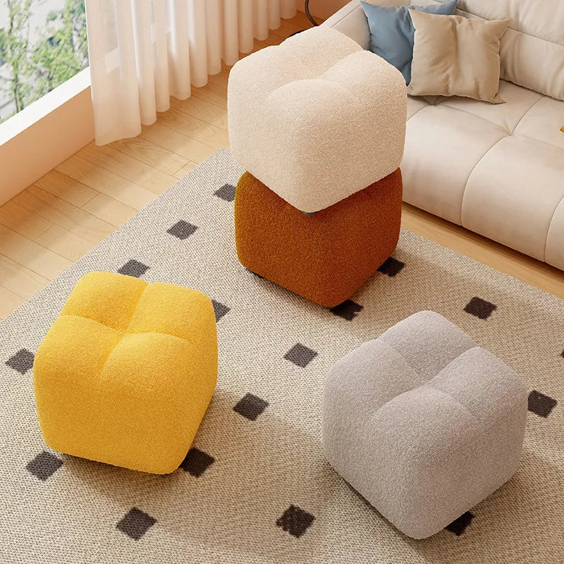 Lambs Wool Small Pouf Stool - Plush Sitting Cushion for Sofa