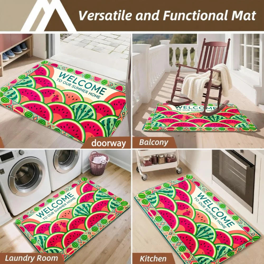 3PCS Mat Set,  Watermelon Pattern  Welcome Text Rug.