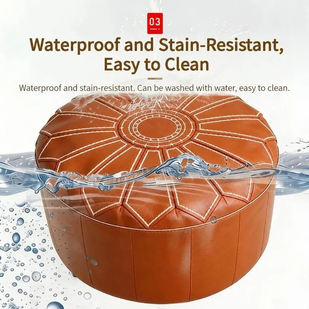 PU Leather Fillable Ottoman Pouf Embroidered Pattern
