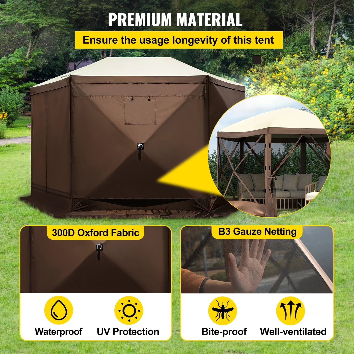 Pop-up Camping Gazebo 6 Sided 12' x 12' / 10' x 10'