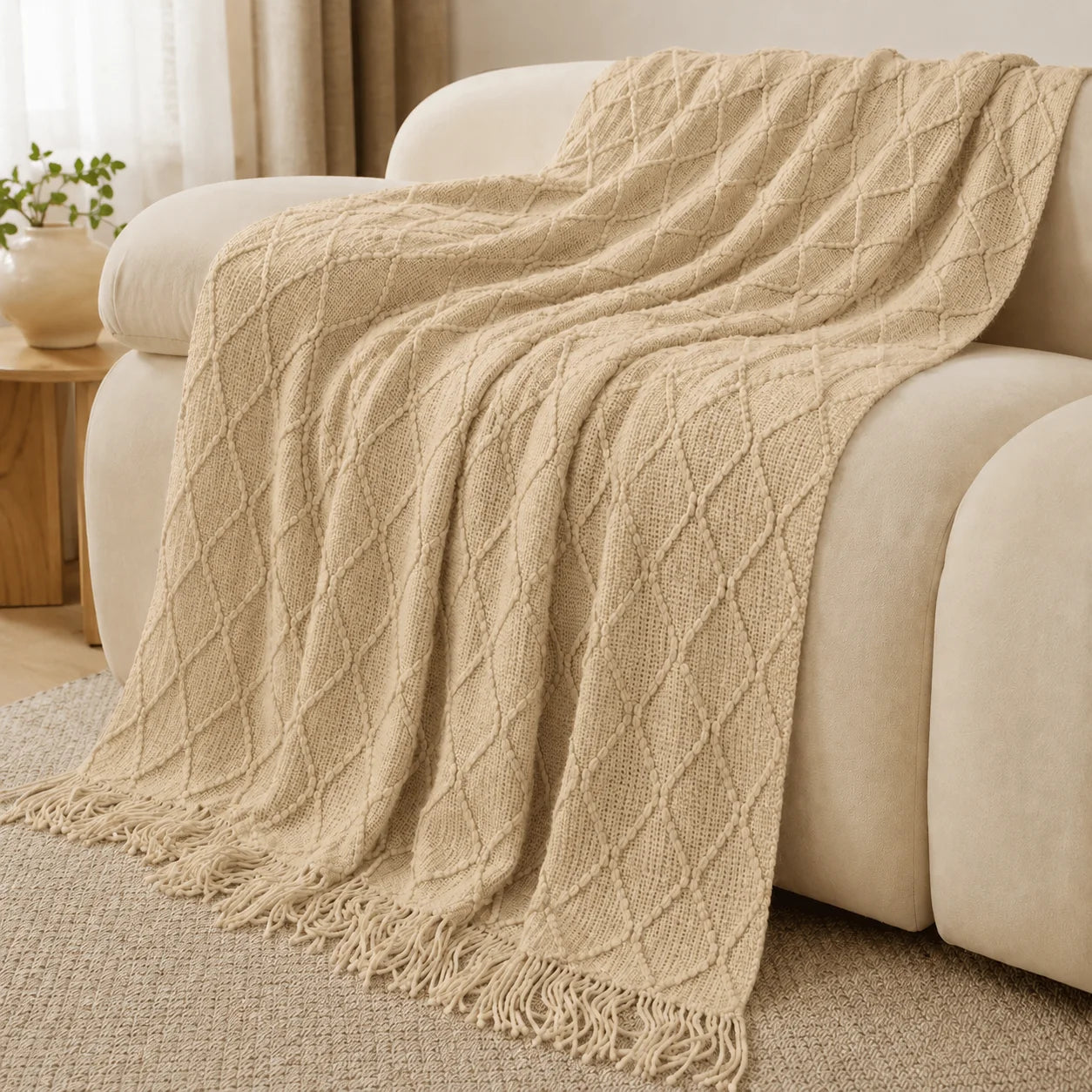 Textured Knit Throw Blanket with Tassel Fringe, Soft Knitted Decorative Blanket,