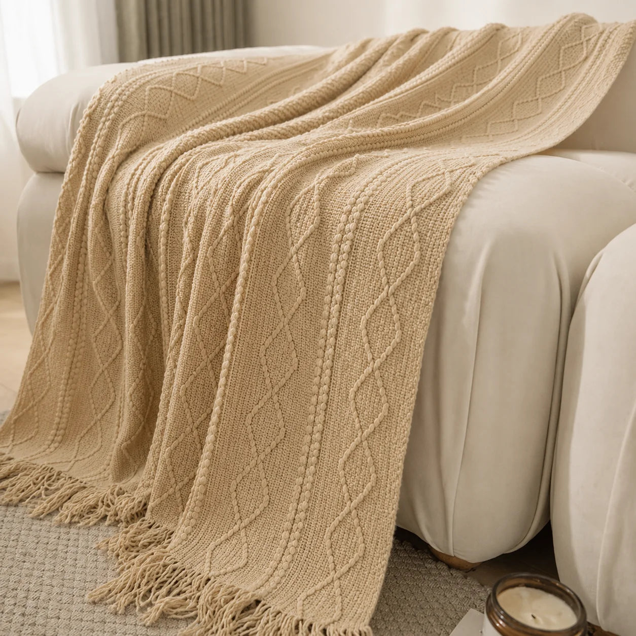 Textured Knit Throw Blanket with Tassel Fringe, Soft Knitted Decorative Blanket,