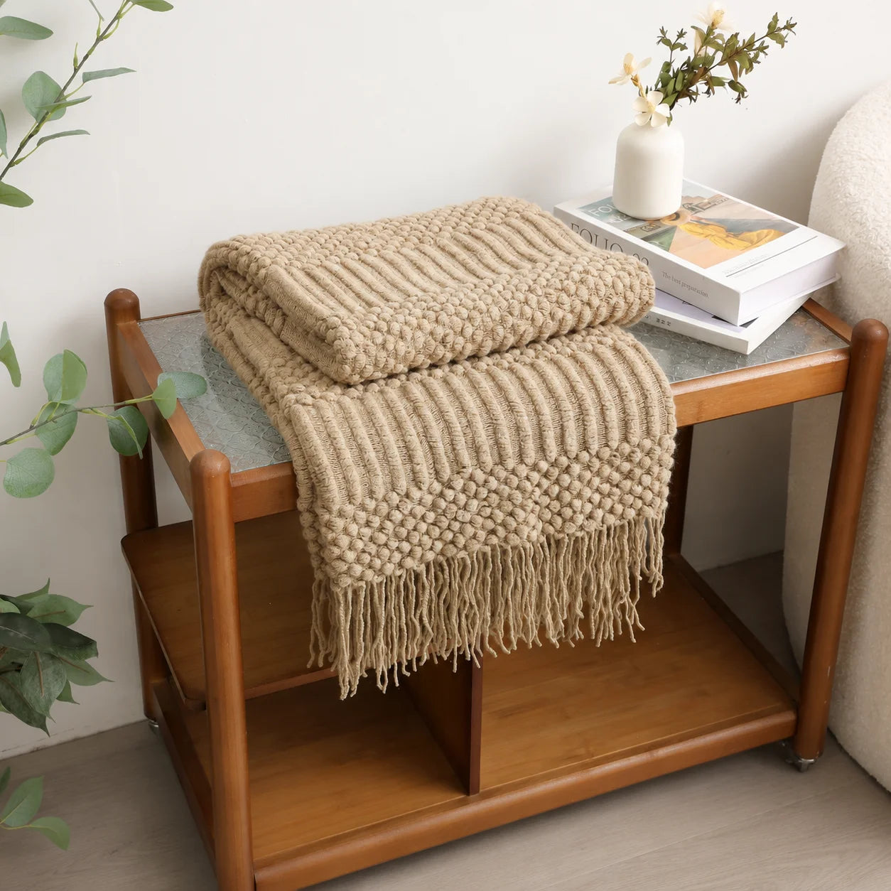 Cream Popcorn Bobble Textured Knit Throw Blanket with Tassel Fringe,