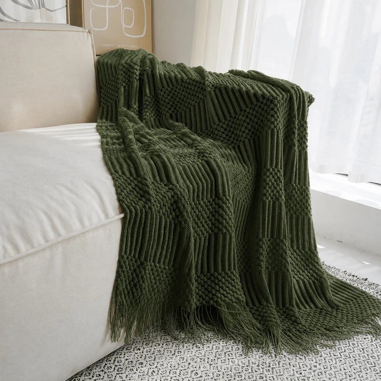 Dark Brown Wavy Chevron Textured Knit Throw Blanket with Tassel Fringe,