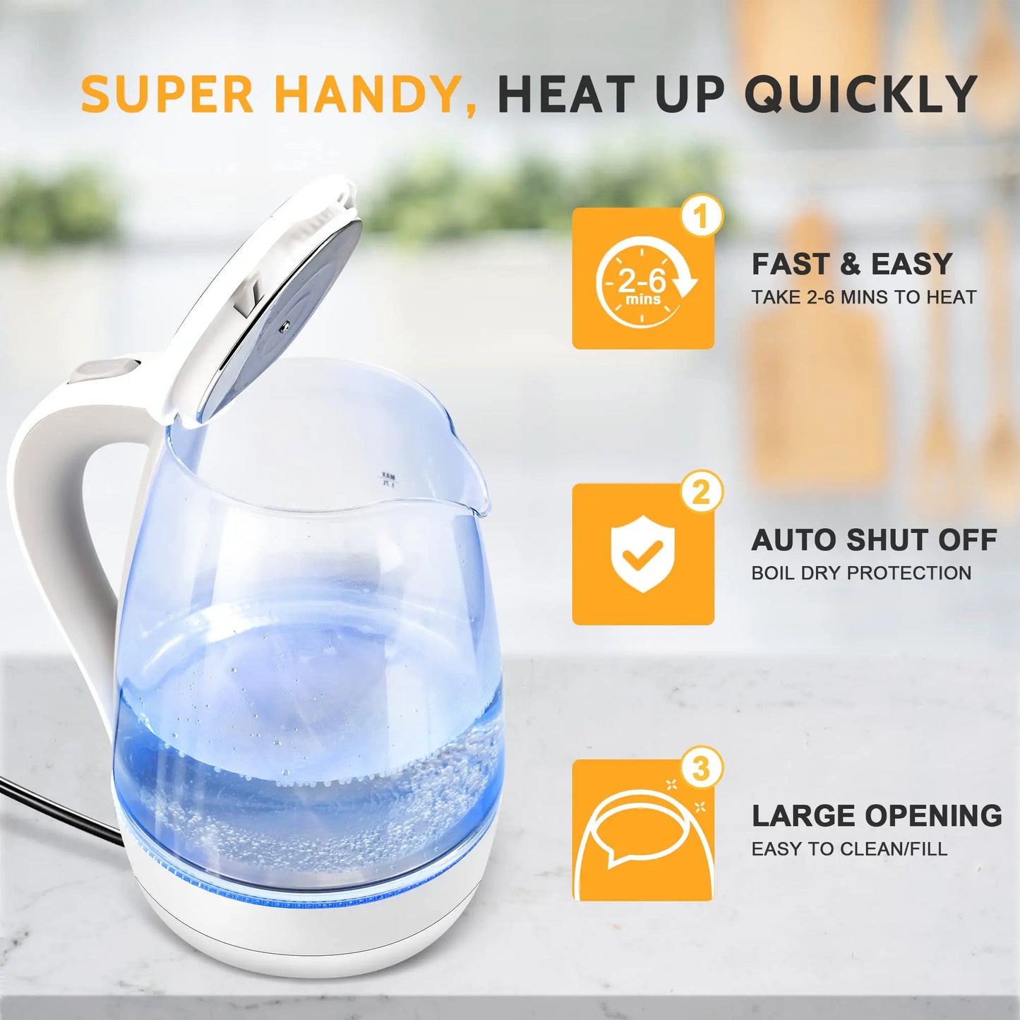 Electric Kettle- 1.7L Elegant Glass Tea Pot, 1200W Fast Boiling