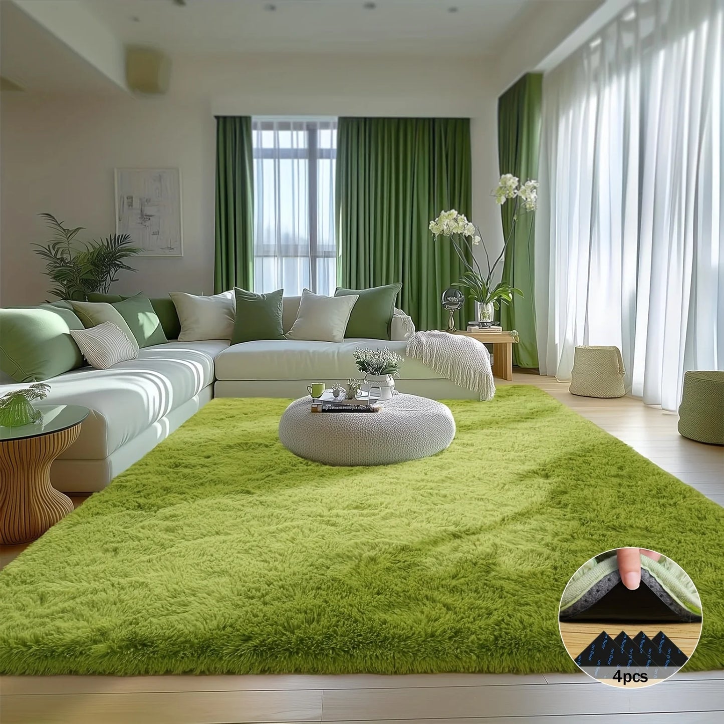 Room Decor Rug,Grass Green Soft Shaggy Non-Slip Rugs 4 Rug Stickers,