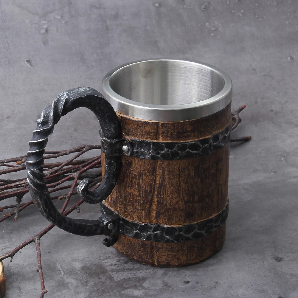 Viking Wood Style Beer Mug - Wooden Barrel Beer Cup Double Wall