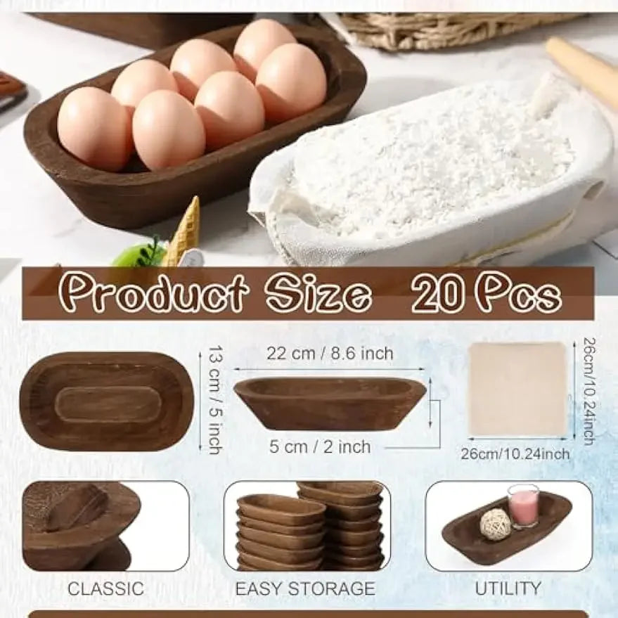 20 Pcs Wooden Dough Bowls Bulk 8.6 Inch