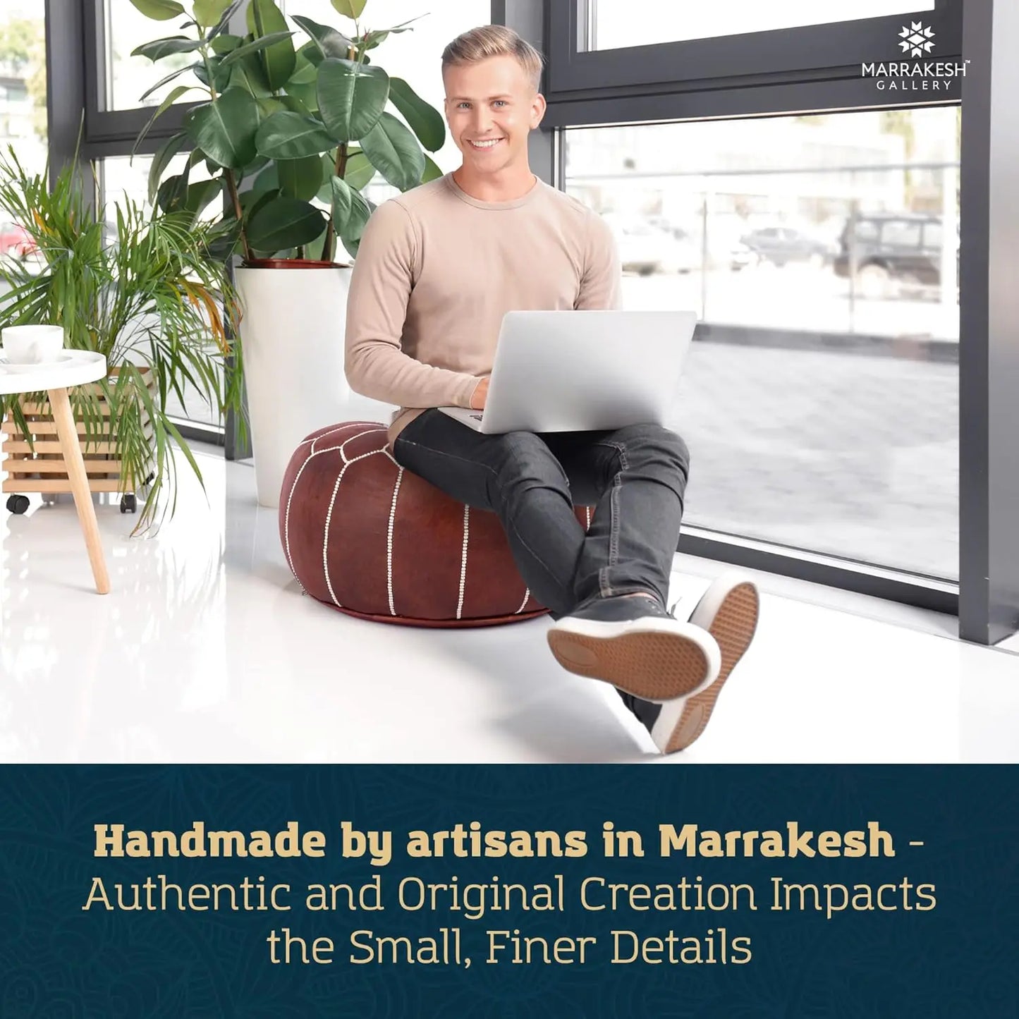 Genuine Leather Round Pouf Cover - Handmade, Unstuffed