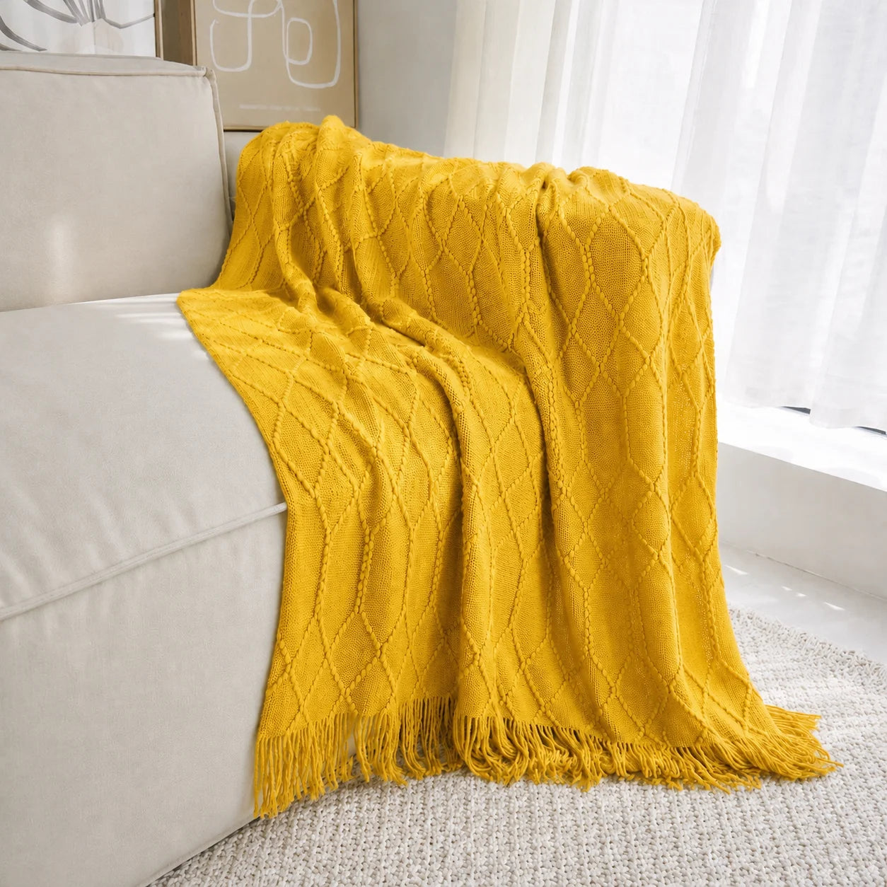 Dark Brown Wavy Chevron Textured Knit Throw Blanket with Tassel Fringe,