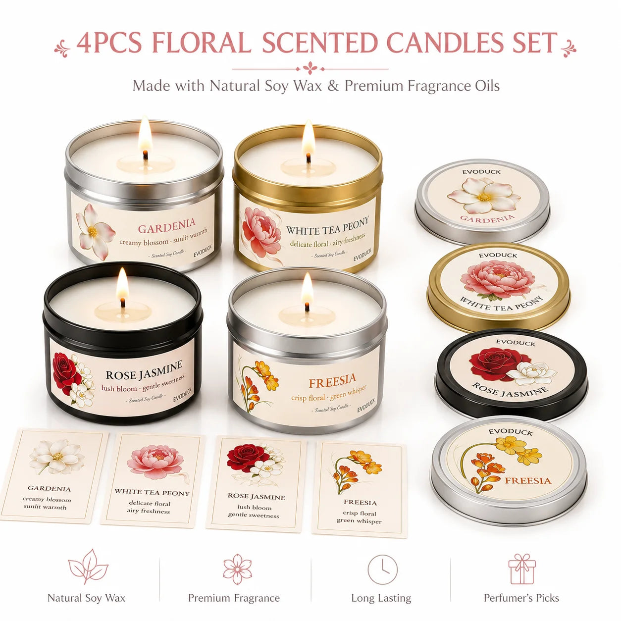 4Pcs Floral Scented Candle Set  Natural Soy Wax Tin Candles
