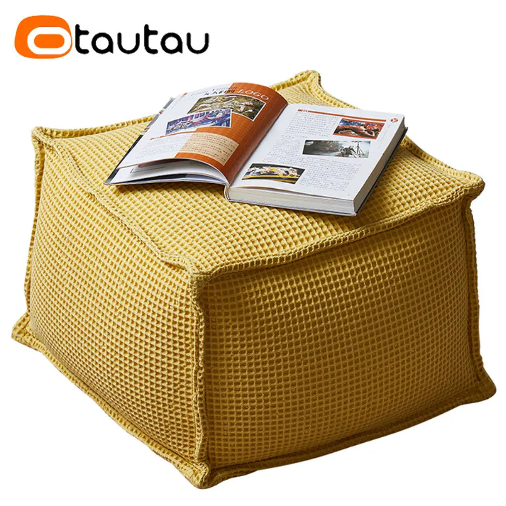 OTAUTAU 100% Pure Cotton Waffle Beanbag Stool Ottoman with Filling Square