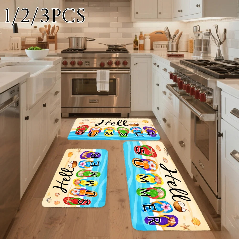 3PCS Kitchen Rugs Hello Summer Colorful Flip Flops Pattern Dining Mat