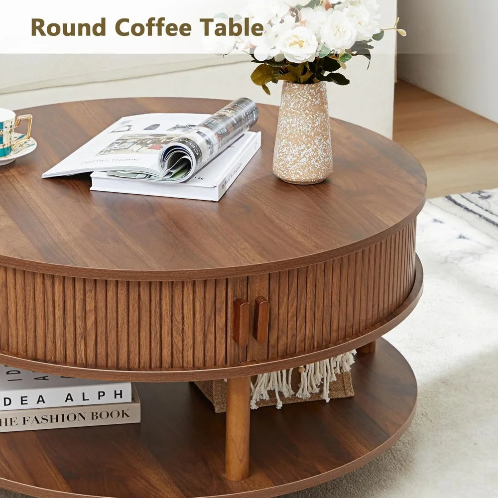 31.5” Round Coffee Table with Storage, Mid Century Modern 2 Tier Coffee Table with Tambour Sliding Door, Solid Wood Legs Fluted