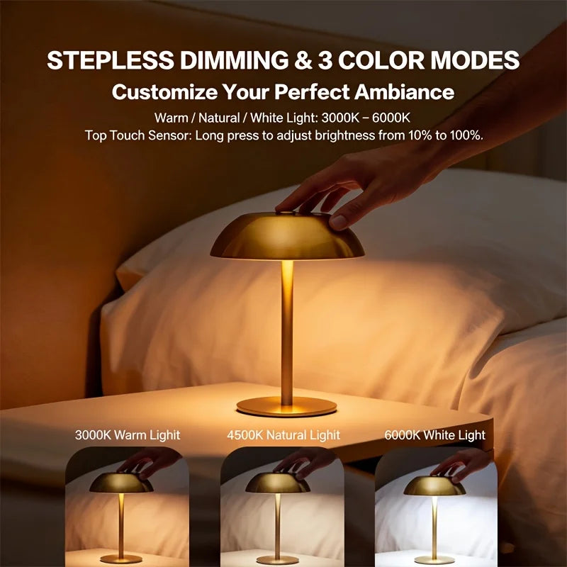 Mushroom Bedside Night Light with 1800mAh Battery, 3 Color Temperatures