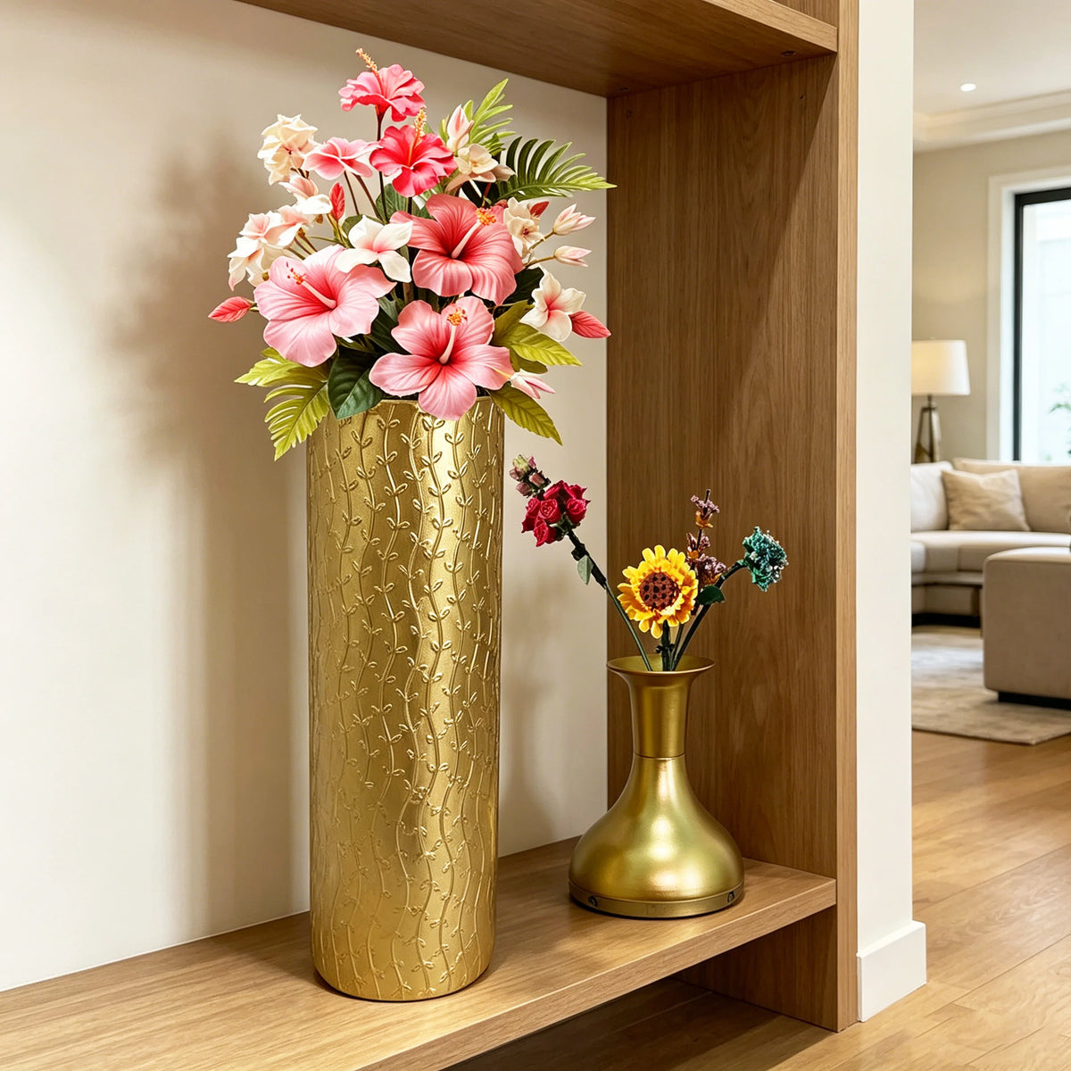 White Metal Floor Vases Set of 3, Tall Gold Leaf