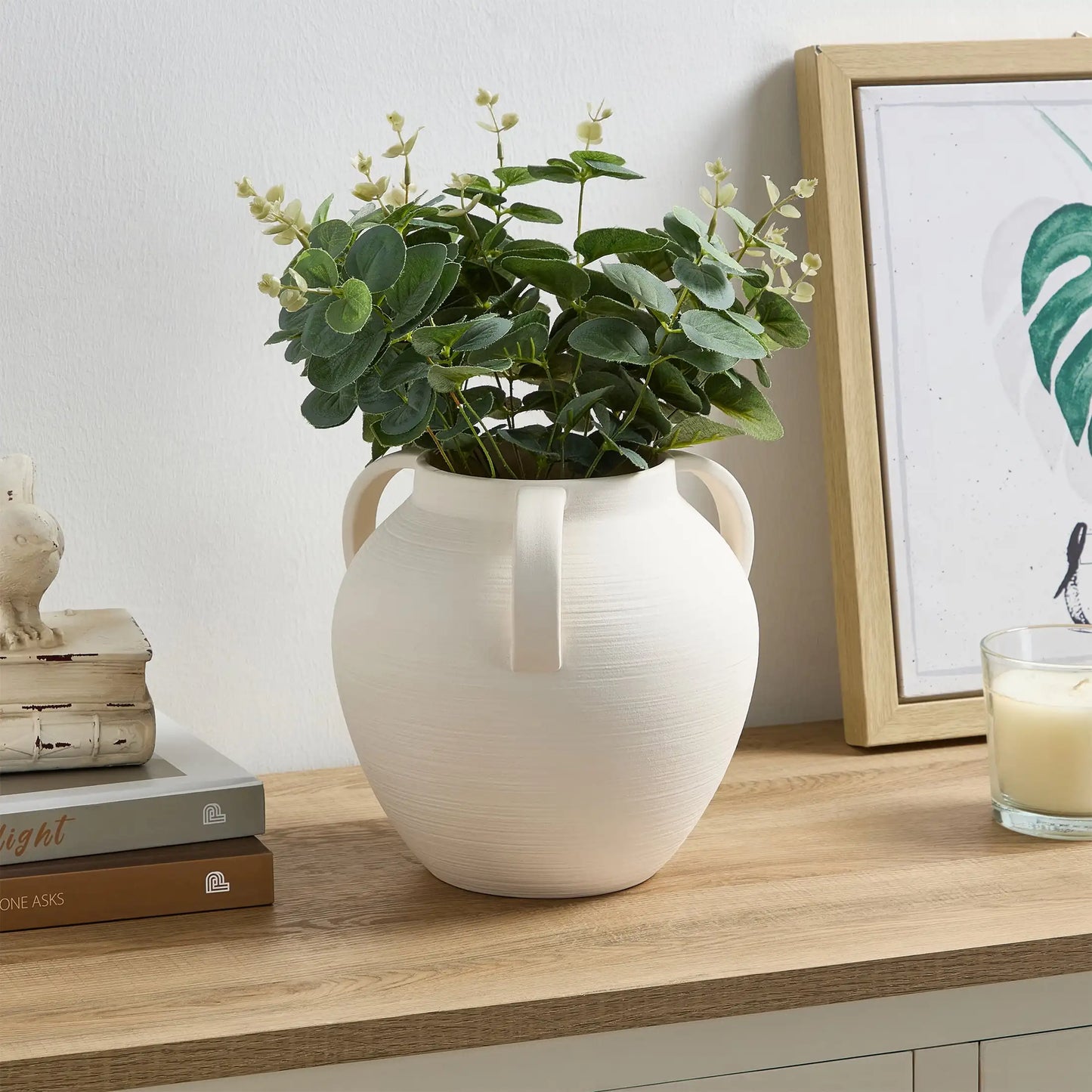 Textured Ceramic Stoneware Vase with Handles, 8'', White