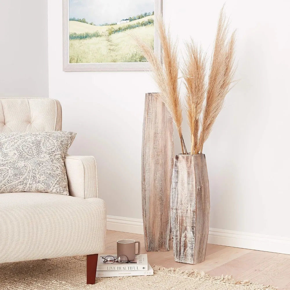 Set of White Washed Tall Oblong Wooden Vases