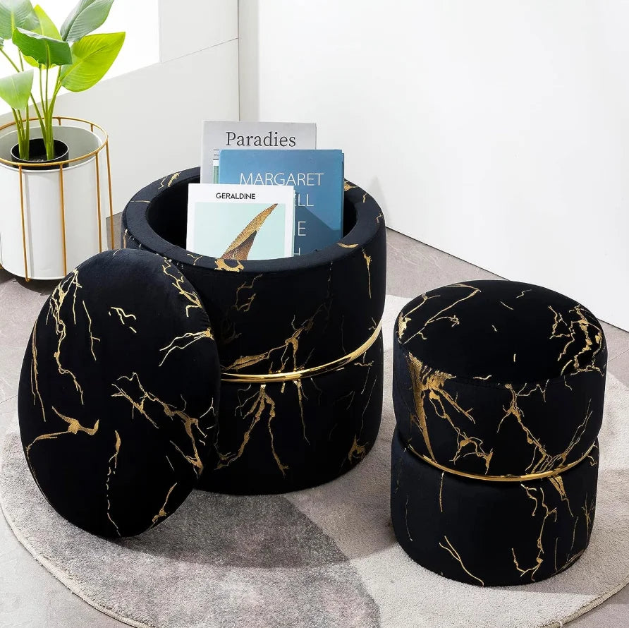 Pack Of 2 Black Round Bronzing Storage Ottoman