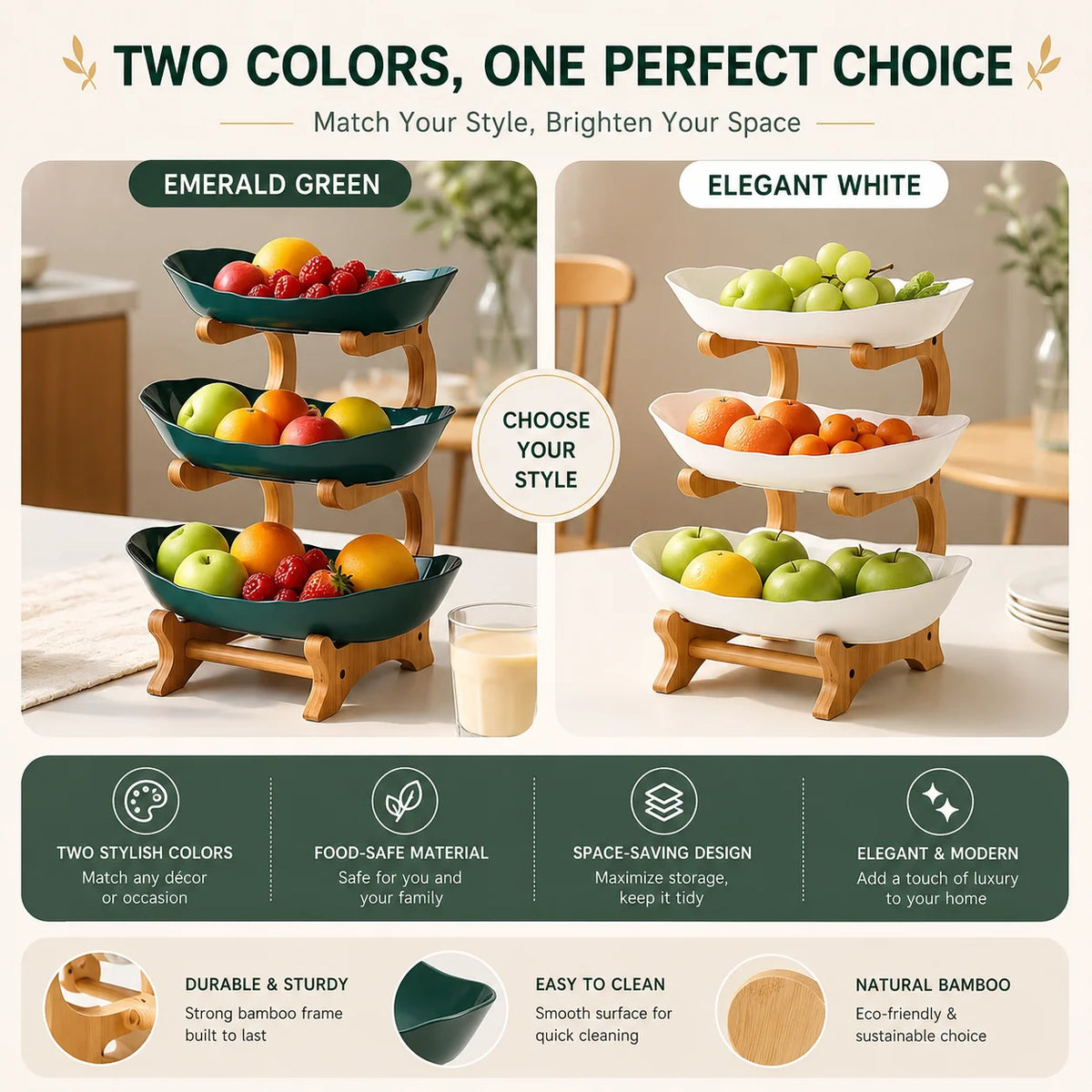 2/3-Tier Fruit Bowl with Stand, Plastic Fruit Basket with Bamboo Frame f