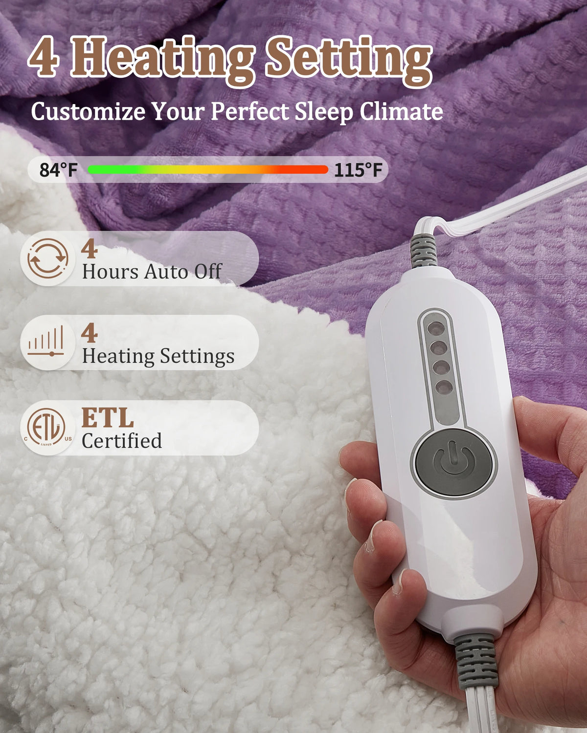 Dual Control Heated Blanket, Fast Warming Electric Blanket, 4 Heat Levels,