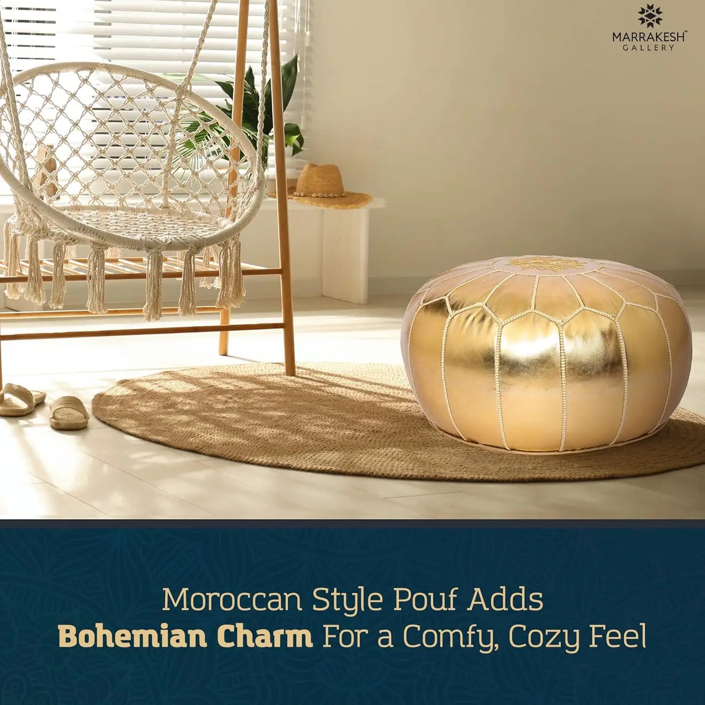 Handmade Moroccan Round Pouf Ottoman Cover - Faux Leather, Unstuffed