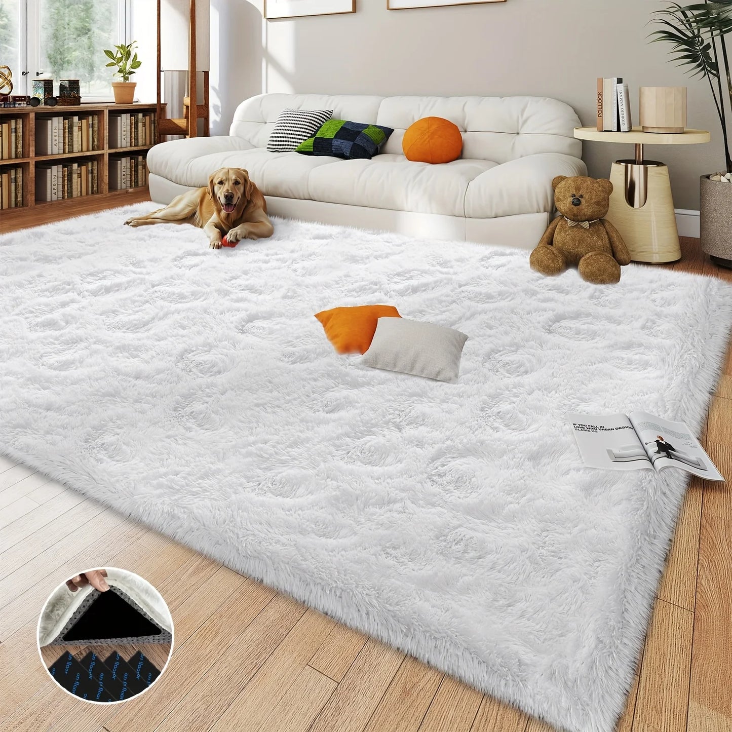 White Fluffy Shaggy Non-Slip Rugs with 4 Stickers,