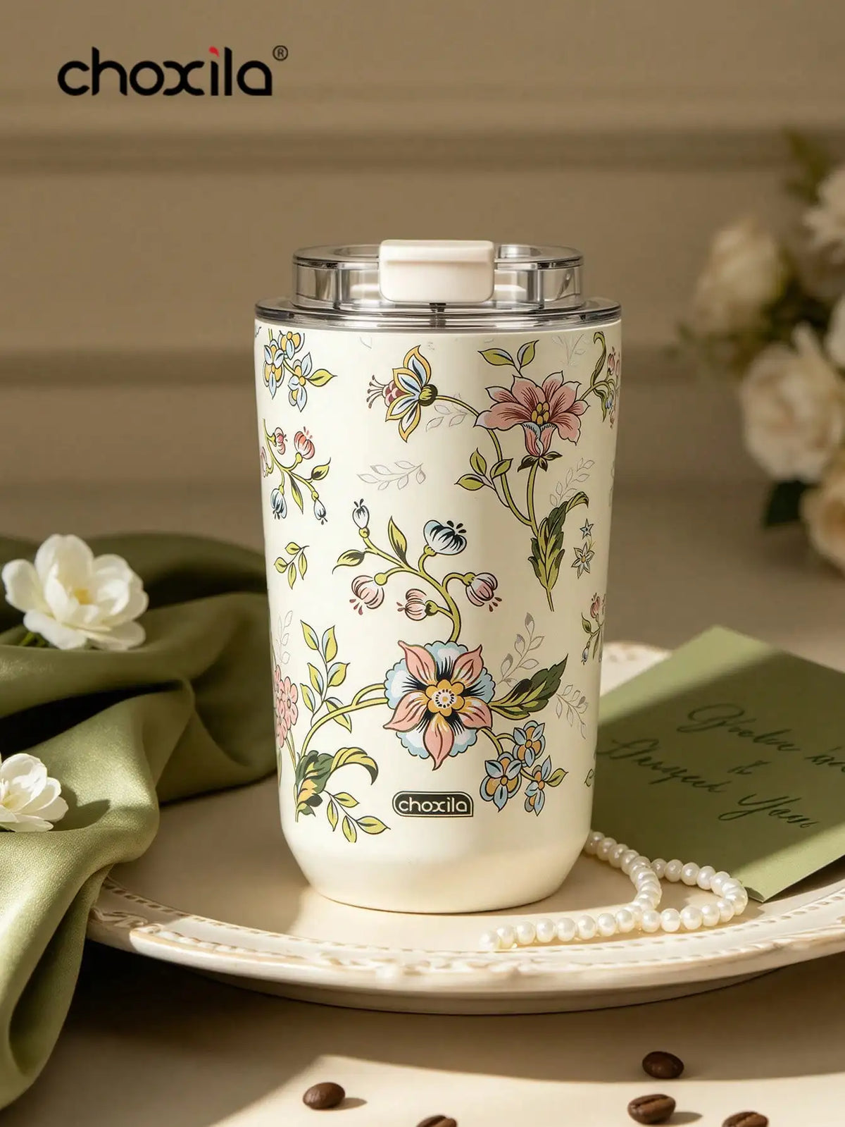 1pc Vintage Floral Print 380ml Stainless Steel Insulated Coffee Mug