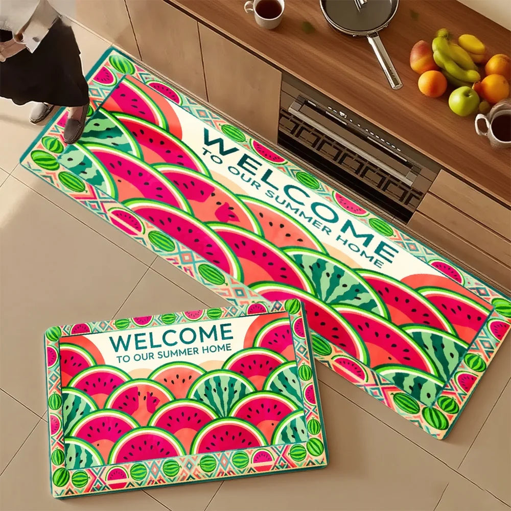 3PCS Mat Set,  Watermelon Pattern  Welcome Text Rug.