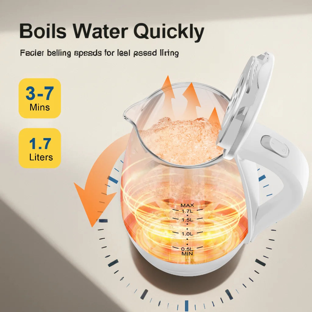 Electric Kettle- 1.7L Elegant Glass Tea Pot, 1200W Fast Boiling
