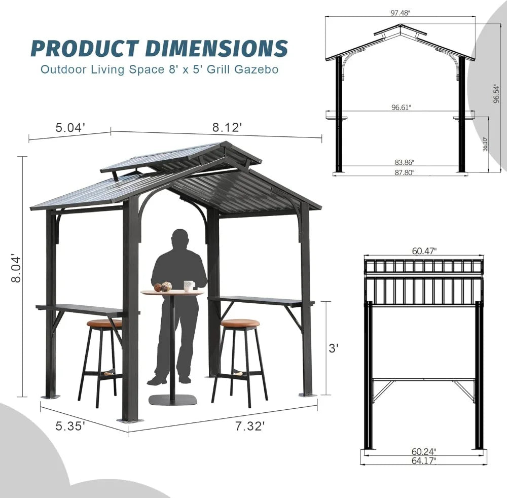 8x5FT Hardtop Grill Gazebo, w/Double Galvanized Steel Roof