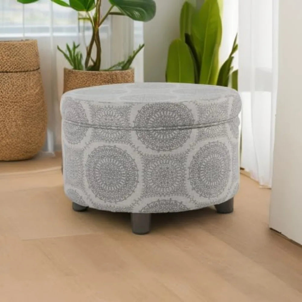 Upholstered Round Storage Ottoman (Grey Medallion)