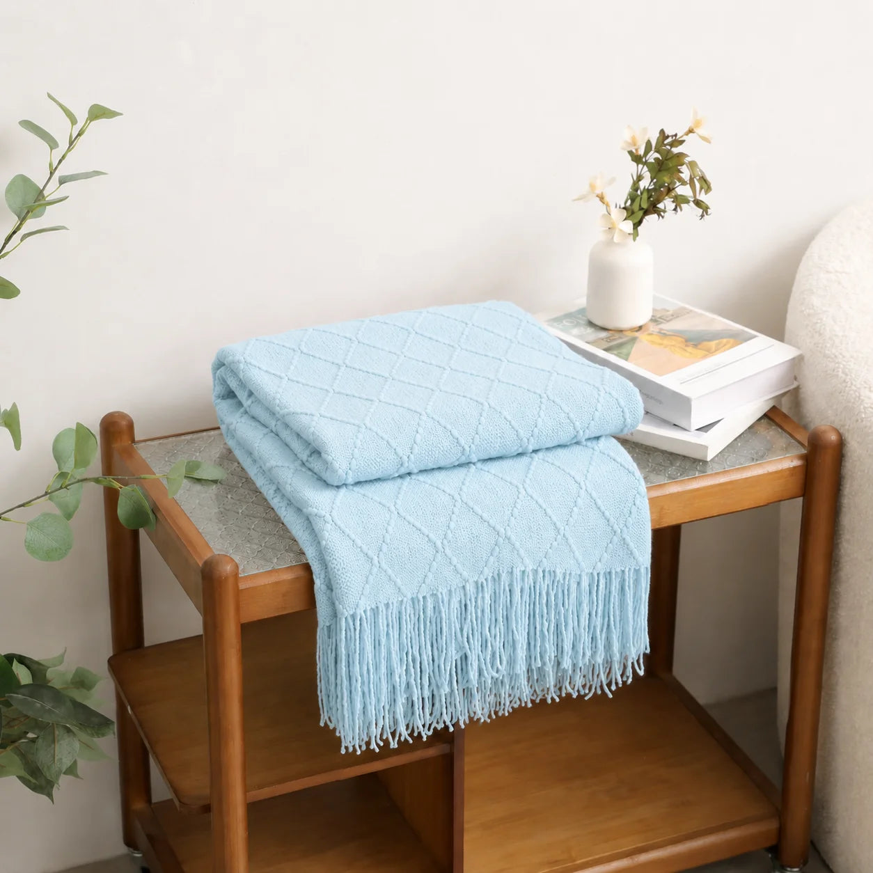 Cream Popcorn Bobble Textured Knit Throw Blanket with Tassel Fringe,